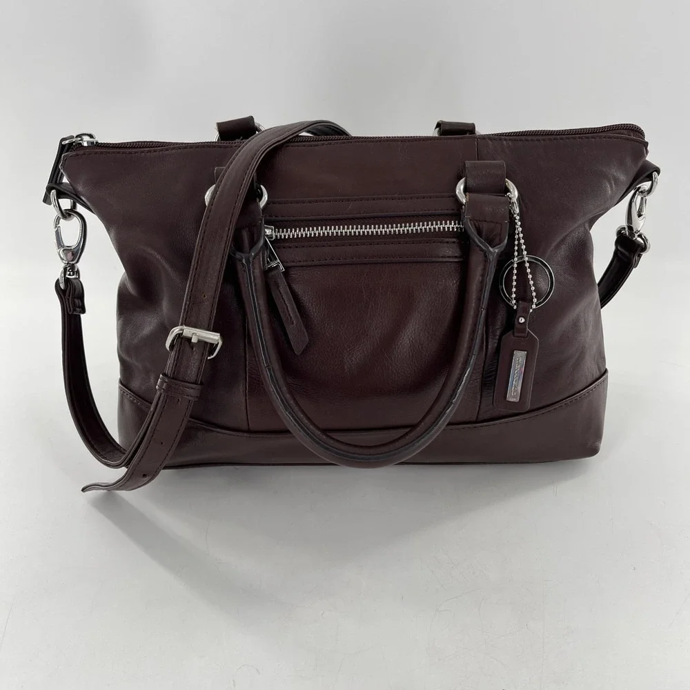 Tignanello Brown Leather Tote Crossbody Medium Satchel & Keyring Detach Strap
